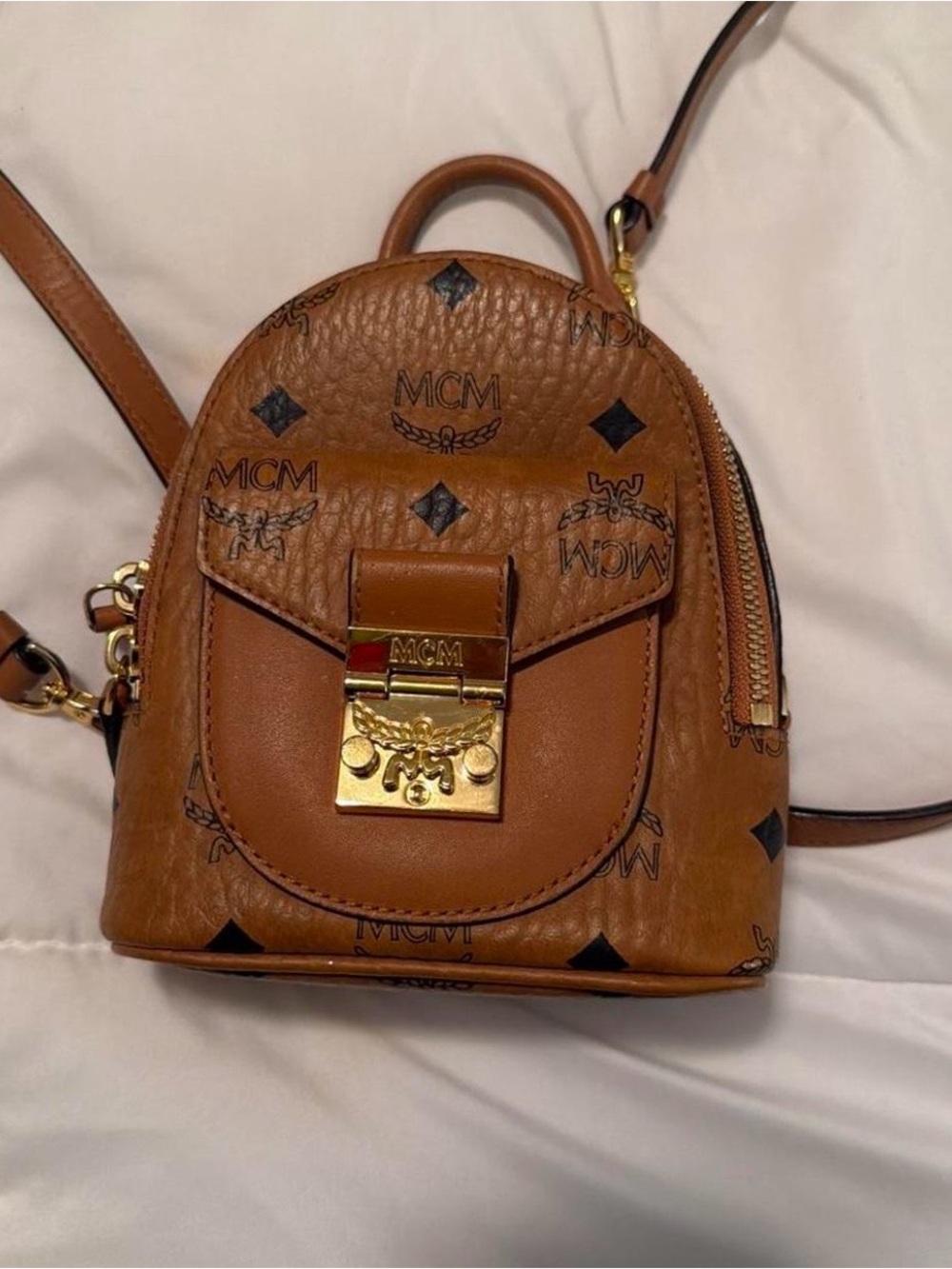 MCM Cognac Logo Visetos Mini Backpack with Gold Hardware
